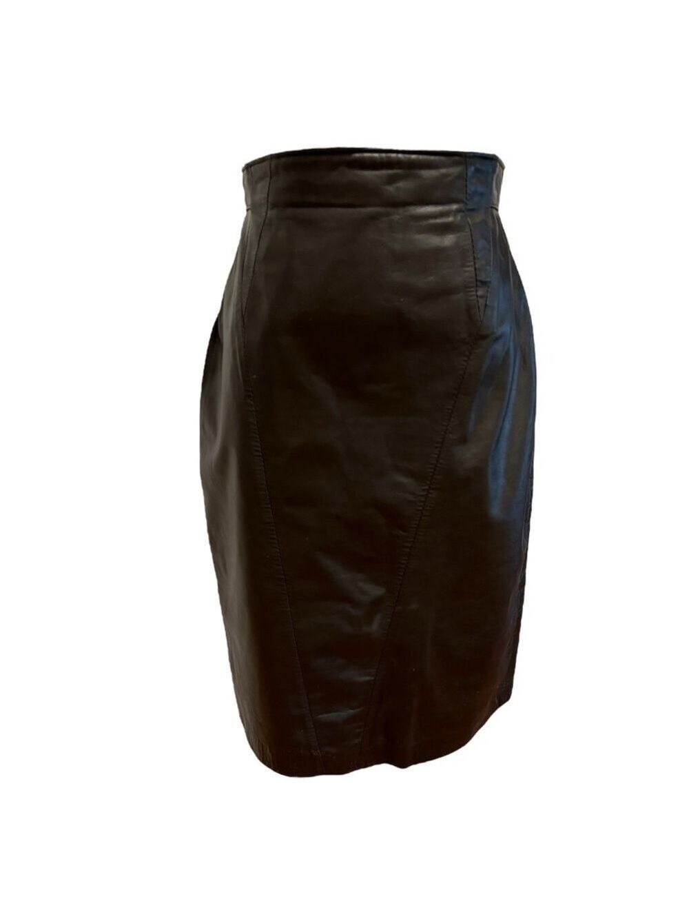 90s CHOCOLATE LEATHER TAILORED PENCIL MIDI SKIRT MINIMALIST W SNAP UP VENT S